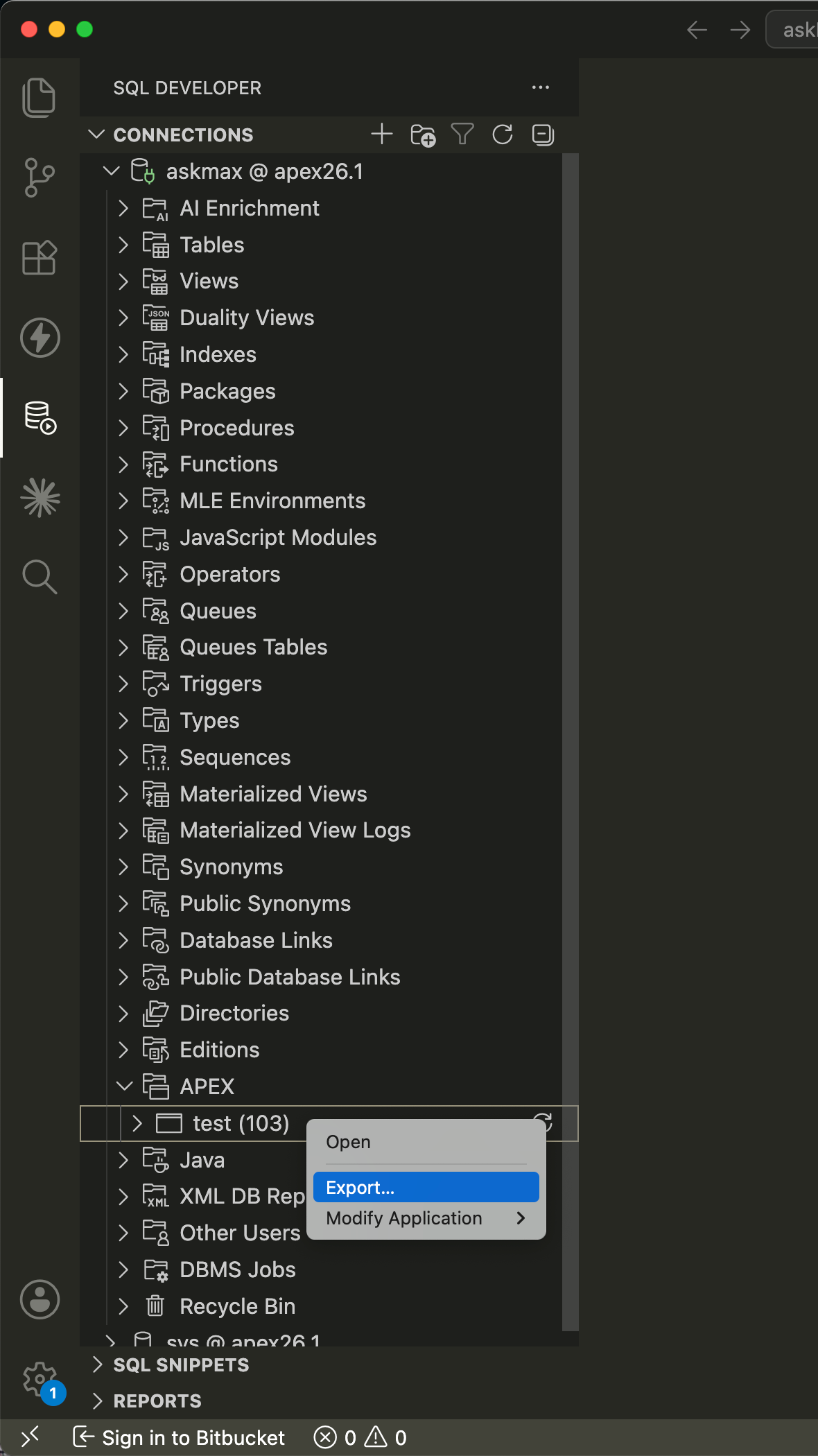 VS Code SQL Developer extension showing the right-click Export option on an APEX application